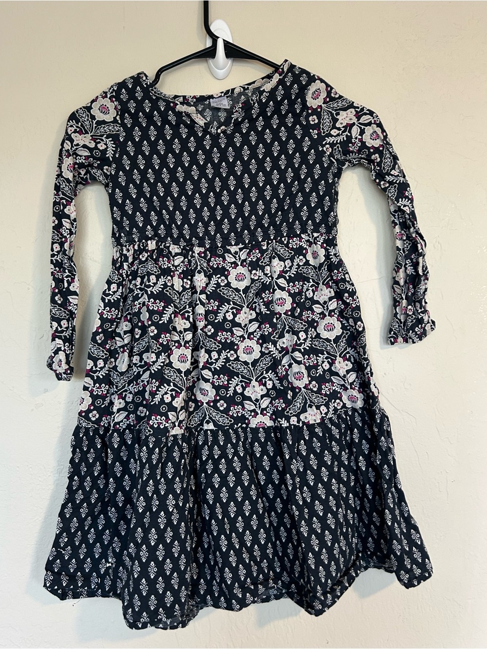 Carter's Girls Navy Floral Fit & Flare Long Sleeve V-Neck Dress Sz 6x (1995)